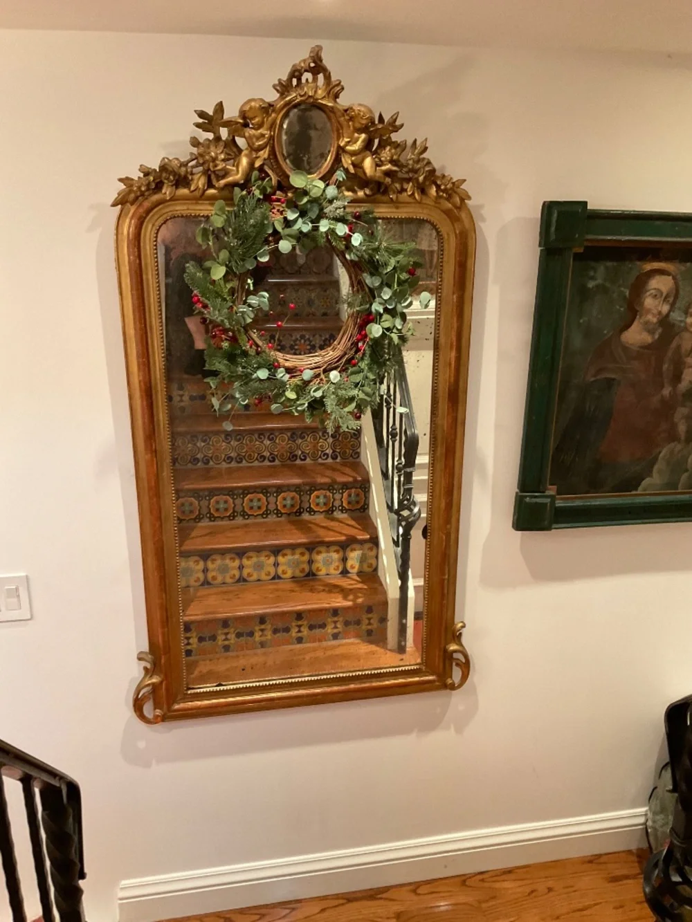 Set of three 22” Christmas wreaths with faux pine, eucalyptus and holy berries